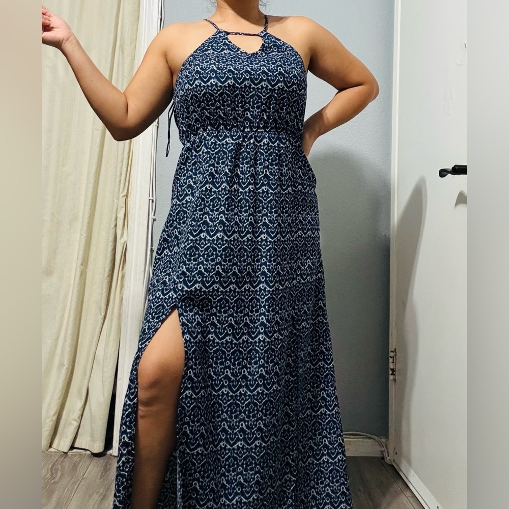 BP Women Blue Halter Elegant Summer Slit‎ Maxi Dress Size M Elastic Waist Band